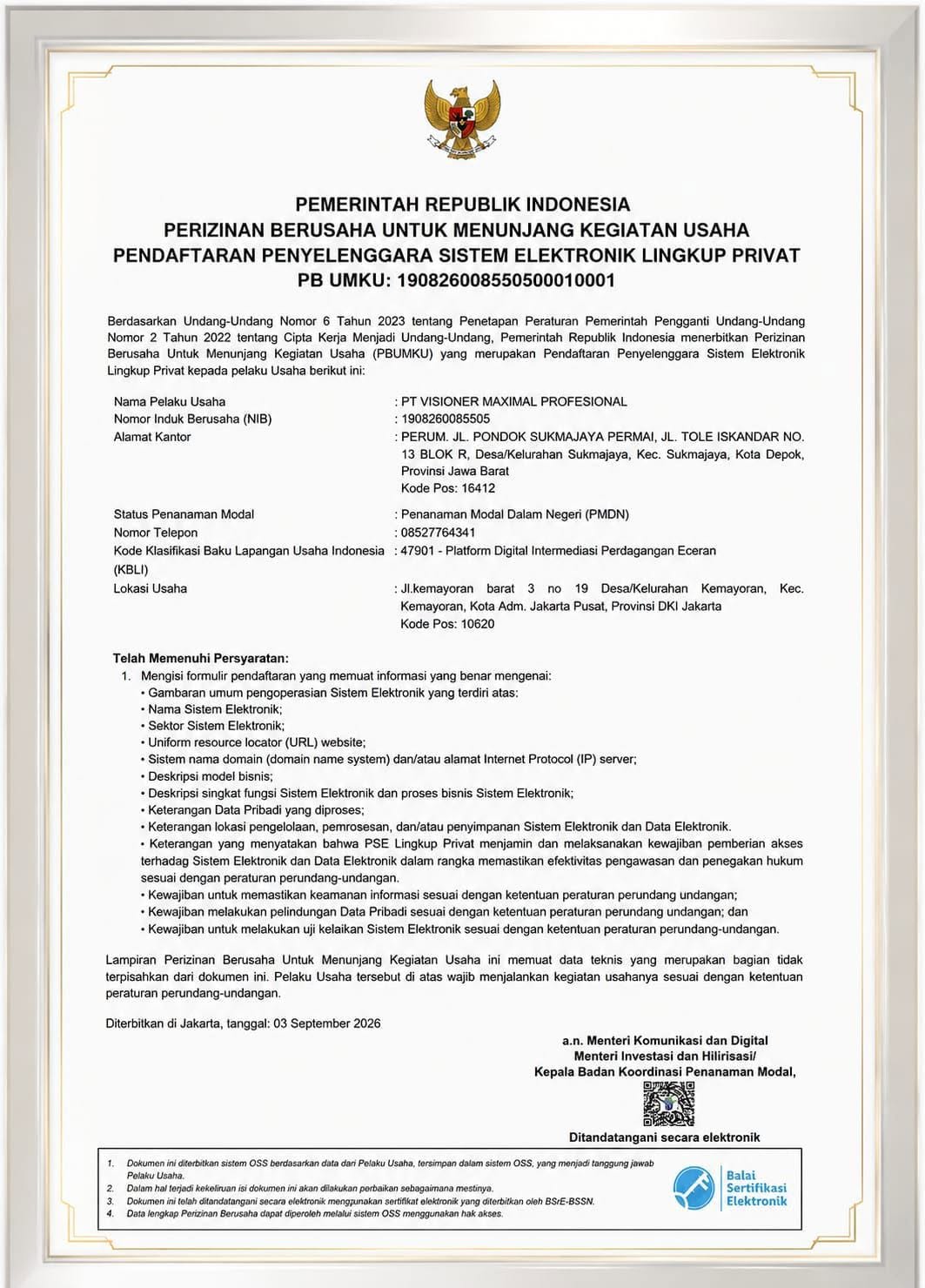 Legalitas PT Visioner Maximal Profesional - PSE Kementerian Komunikasi & Digital